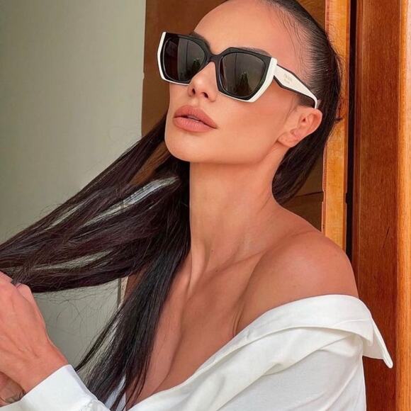 NEW Prada PR15WSF Squared Cat Eye Sunglasses in Black White - Picture 1 of 8
